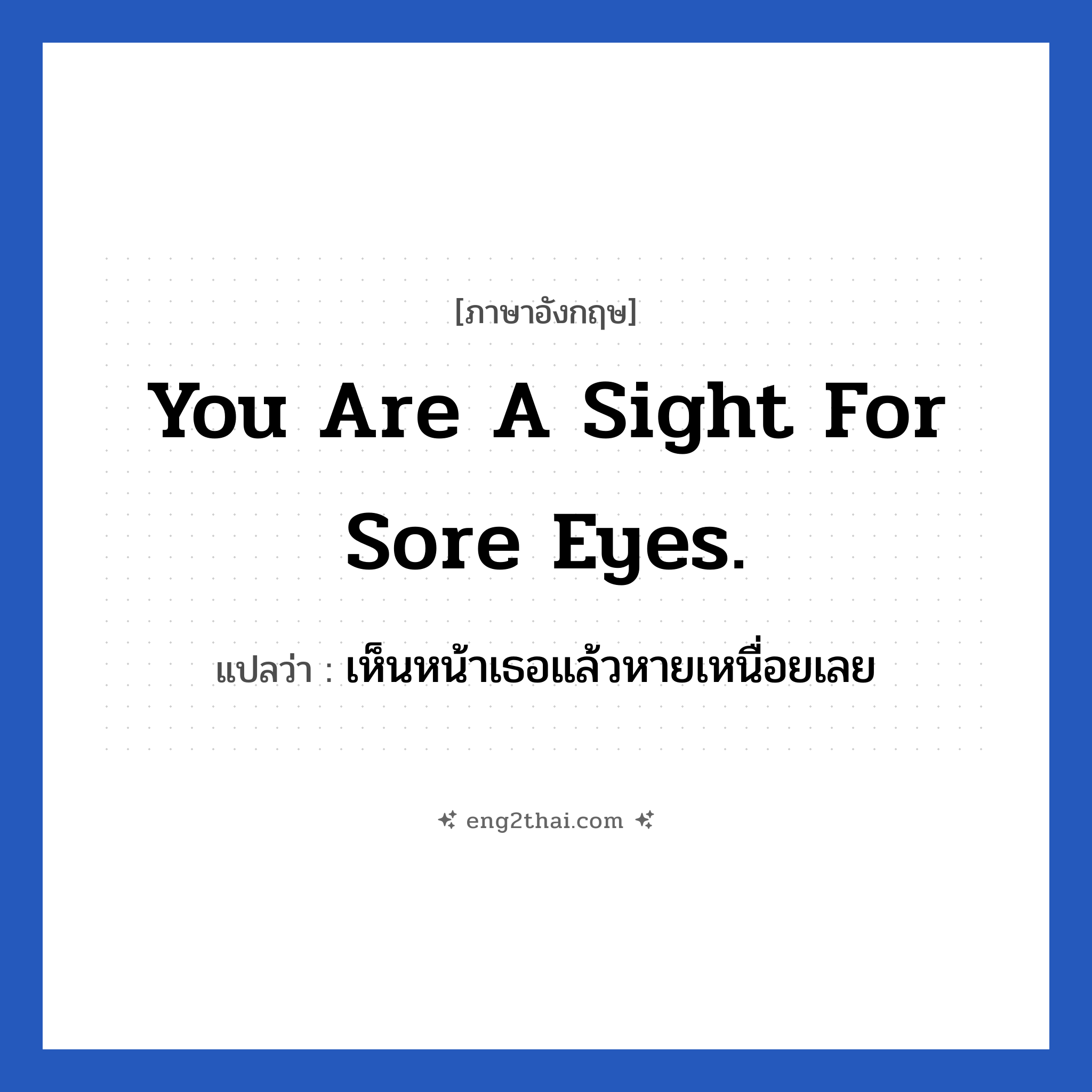 You are a sight for sore eyes. แปลว่า?, วลีภาษาอังกฤษ You are a sight for sore eyes. แปลว่า เห็นหน้าเธอแล้วหายเหนื่อยเลย